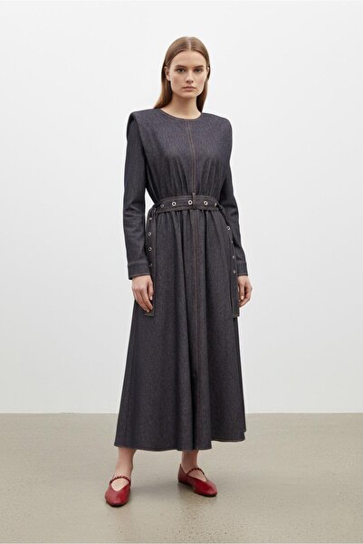 Soul Women's Padded Belted Denim Look Dress - 32476Elb - Navy