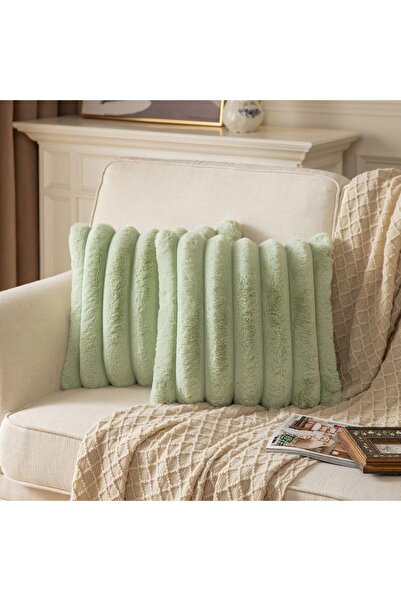 Dotail Set of 2 Yaertun pillowcases, faux fur, striped pattern, 60 x 60 cm, p...