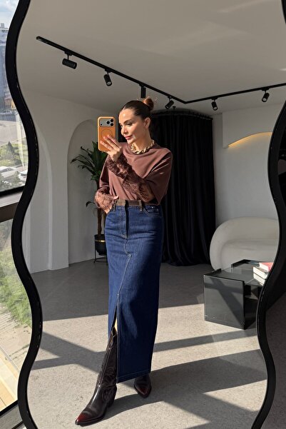 Gizem Ecemiş Willian Bel Detaylı Maxi Denim Etek