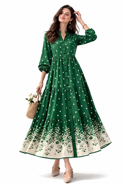 HİRA LİFE FASHİON Rochie florală cu guler tip bicicletă și nasturi în față pe...