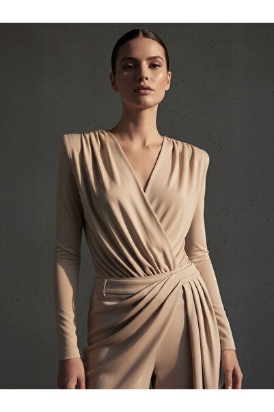 RİVUS V-Neck Gathered Long Sleeve Bodysuit - Beige