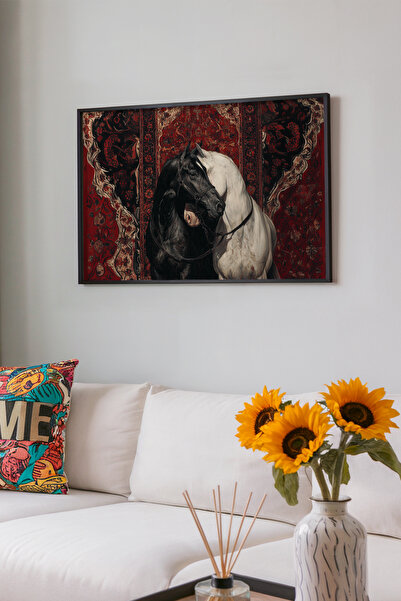 Artiera Geleneksel Motifli Bordo Yatay At Resmi, Dekoratif Salon - Ahşap Çerç...