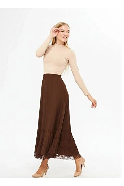 LİFERA Combed Cotton Skirt with Lace Hem, Plus Size