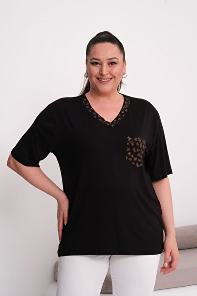 Esina Women's V-Neck Viscose Blouse with Embroidered Collar and Pocket