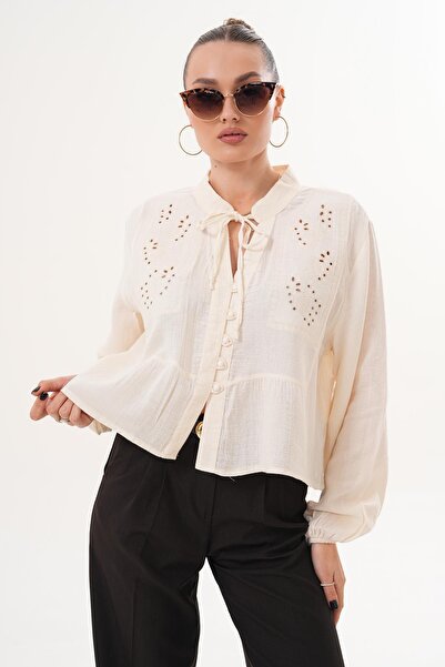 ŞİMAL Women's Patterned Linen Shirt with Lace Collar Detail 260330