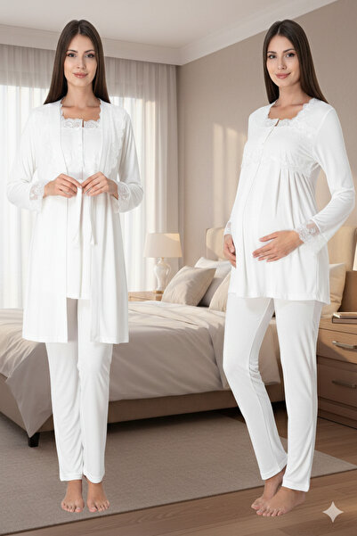 lohusahamile Lace Dressing Gown Cotton Long Sleeve Maternity Pajama Set