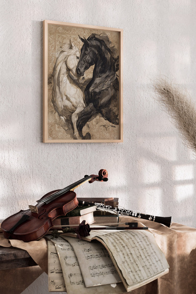 Artiera Japandi Sepya Bej Tonlu At Resmi, Etnik Dekoratif Salon - Ahşap Çerçe...