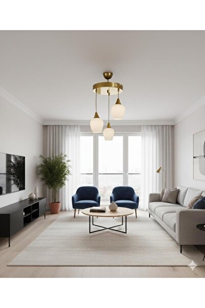 BİAVİZE BEYAZ CAMLI GOLD KROMLU 3LÜ SARKIT AVİZE