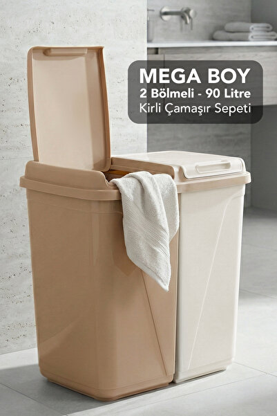 Meleni Home 90 Lt İki Bölmeli Kirli Çamaşır Sepeti - Mega Duo Banyo Çamaşır S...