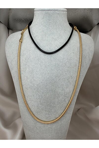 ZS Aksesuar Gold Chain & Black Leather Cord Detailed Long Necklace – Modern M...