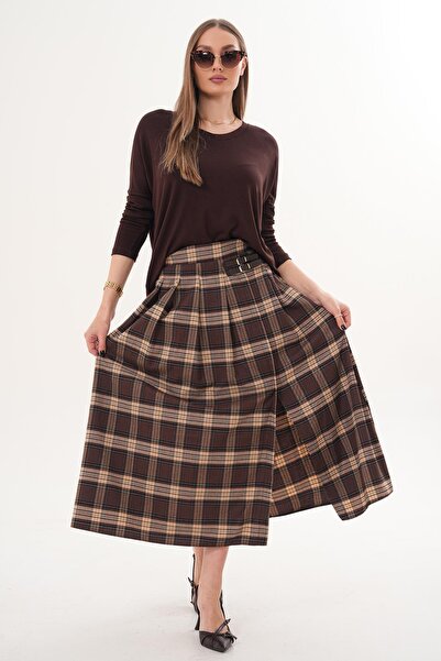 ŞİMAL Women's Plaid Long Skirt with Slit Detail 260297 -