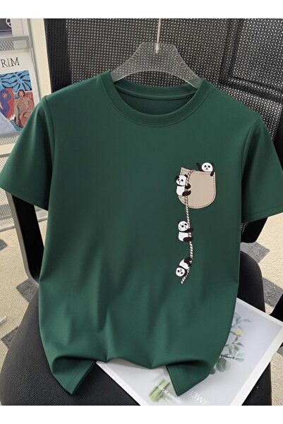 Oksit Cute Panda Graphic Drawstring Pocket Detailed Short Sleeve Oversize Uni...