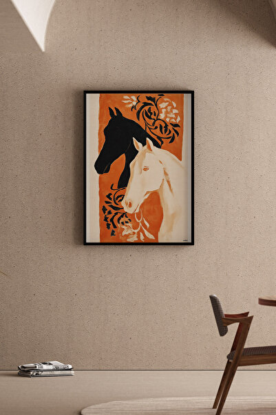 Artiera Πορτοκαλί και μαύρος μοντέρνος παραδοσιακός πίνακας με άλογα, διακοσμ...