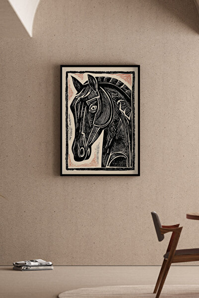 Artiera Εικόνα μαύρου αλόγου σε στυλ εκτύπωσης λινολέμου, μοντέρνο διακοσμητι...