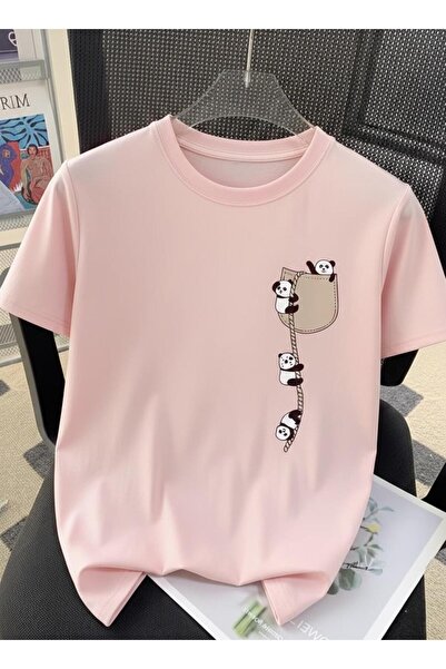 Oksit Cute Panda Graphic Drawstring Pocket Detailed Short Sleeve Oversize Uni...