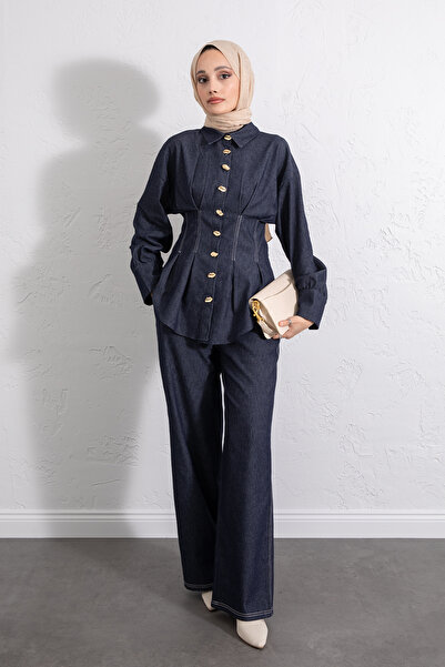 Salih Çelebi Waist Pleated Denim Suit Y0097 - Dark Blue