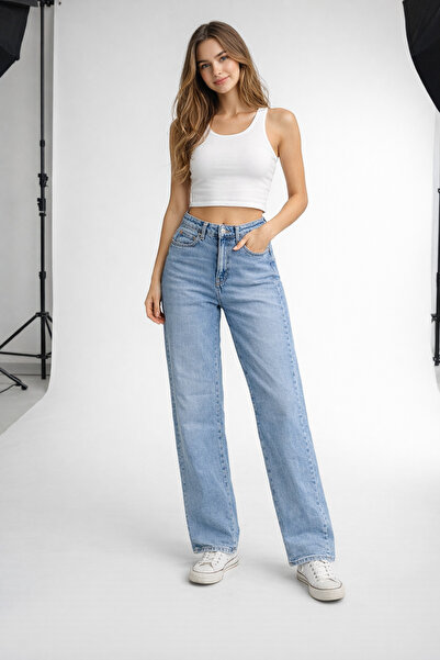 Kutaf Light Blue High Waist Wide Leg Women's Jean Trousers Loose Leg Mom Fit ...