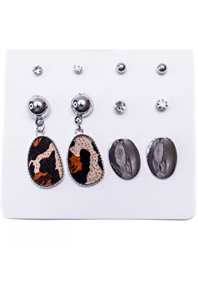 Mad Diva Set of 5 Pairs of Silver Earrings, Animal Print