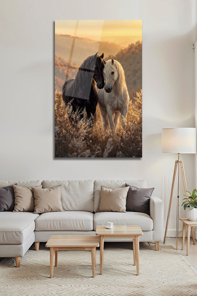 ÇELİK DESİGN Siyah ve Beyaz At Temalı Cam Tablo Modern Gün Batımı Manzaralı D...