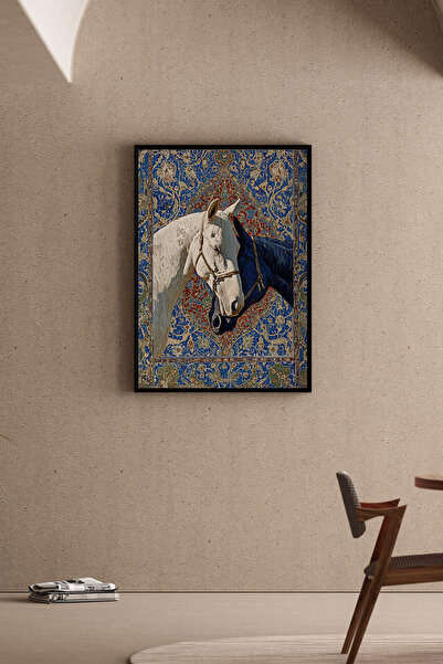 Artiera Πίνακας με οθωμανικό σχέδιο κοβαλτίου με άλογα, έθνικ διακοσμητικό γρ...