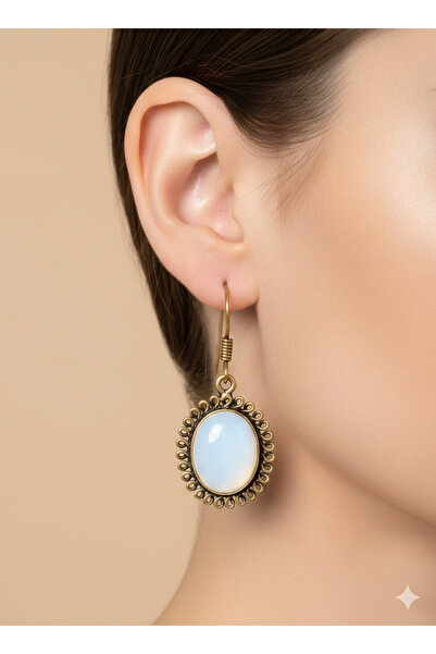 by evrenmusti Handmade Natural White Stone Brass Design Earrings