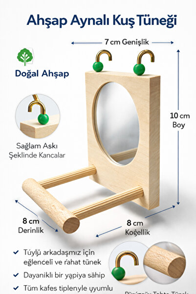 Papağanhane Kuş Aynalı Ahşap Tünek Oyuncak Muhabbet Kuşu Kafes Yan Tel Tüneği...