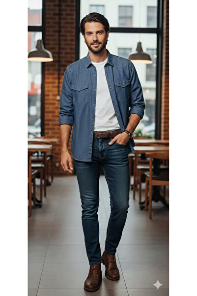 MODA Αθλητικό πουκάμισο slimfit με εμφάνιση τζιν, κουμπωτά κουμπώματα, διπλές...