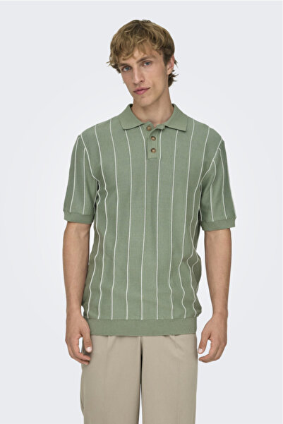 Only & Sons Men's Striped Shirt Collar Green T-Shirt - 22037080