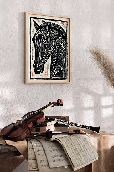 Artiera Εικόνα Μαύρου Αλόγου σε Στυλ Εκτύπωσης Λινολ, Μοντέρνο Διακοσμητικό Σ...