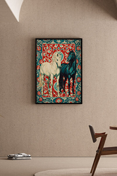 Artiera Κόκκινο Τυρκουάζ Πίνακας Λαϊκής Τέχνης με Άλογα, Εθνικό Διακοσμητικό ...