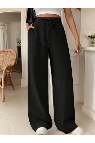 Modayakamoz Kadın Yüksek Bel Bol Paça Pantolon Önden Bağlamalı
