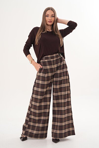 ŞİMAL Women's Plaid Wide-Legged Trousers with Buckle Detail at the Waist 2602...