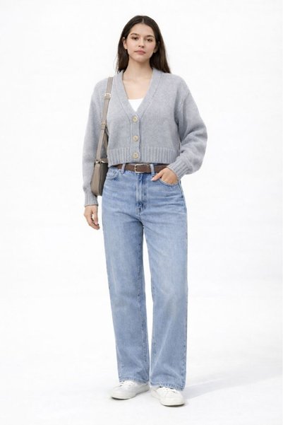 CGA Cardigan gri pentru femei, cu decolteu în V, model de bază