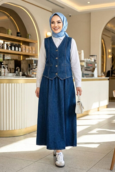 Hb Harma Time Butik Women's Buttoned and Pocketed Denim Navy Blue Tunic Skirt...
