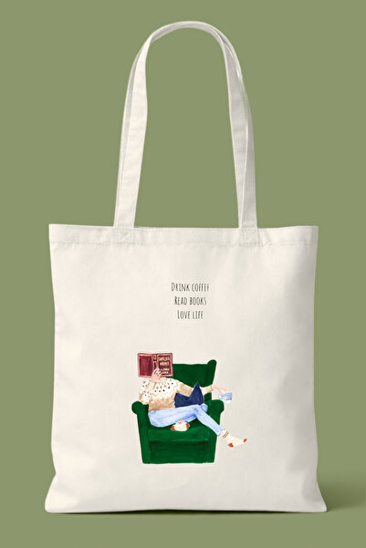 Hayali Şeyler Drink Coffee Read Books Printed Cloth Bag - Daily Shoulder Bag