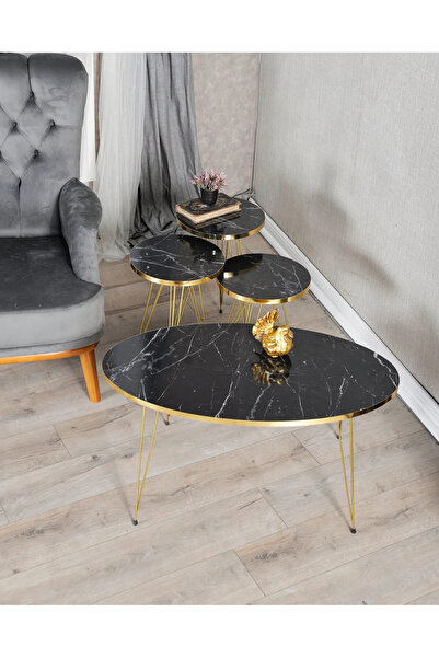 MOONCAPELLA Zigon Sehpa Ve Orta Sehpa Set Gold Metal Ayaklı Sehpa