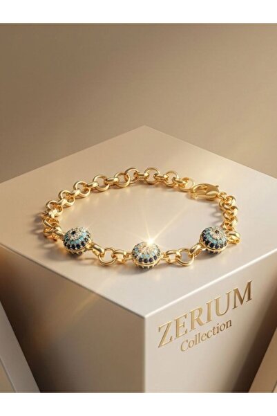 ZERİUM Nazar Boncuklu Elegant Women's Vip Bracelet Blue Zircon