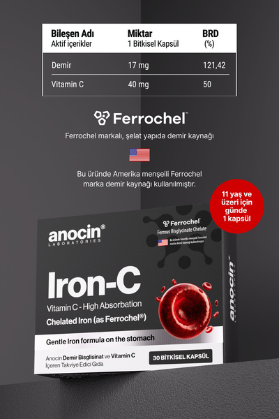 anocin IRON-C 17 mg Maksimum Doz Demir | Ferrochel® Bisglisinat + C Vitamini | 30 Kapsül
