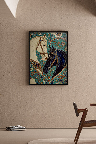 Artiera Ζωγραφική σε στυλ Ιζνίκ με τιρκουάζ άλογο, έθνικ διακοσμητικό σαλόνι ...