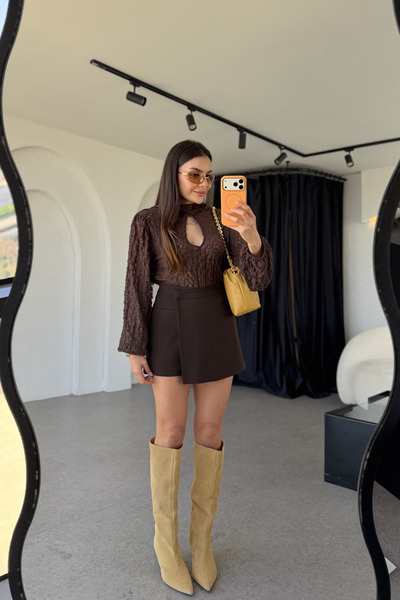 Gizem Ecemiş Paira Acı Kahve Cep Detaylı Şort Etek