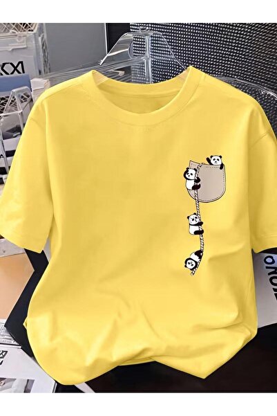 Oksit Cute Panda Graphic Drawstring Pocket Detailed Short Sleeve Oversize Uni...