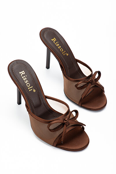 RİSSOLİ Women's Brown Satin Round Toe Heeled Sandals with Bow and Mesh Detail