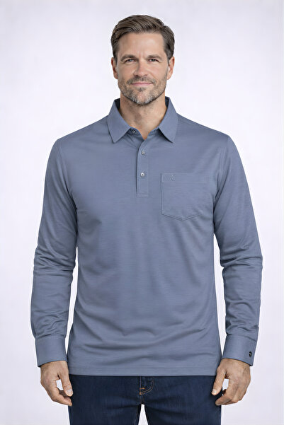 YAKAMEL Men's Shirt Collar Long-Sleeved Shoulder Pad Sleeve Cuffed T-Shirt