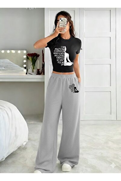 COMANCHERO Women's Yoga Trainer Printed Crop T-Shirt and Wide Leg Baggy Sweat...