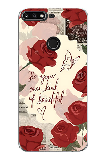 FLAMENKO حافظة هاتف شفافة متوافقة مع هواوي Y7 2018 بنمط الوردة الحمراء