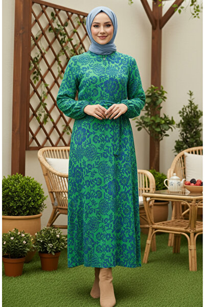 sefamerve Desenli Kuşaklı Viskon Tesettür Elbise 2202-02 Yeşil