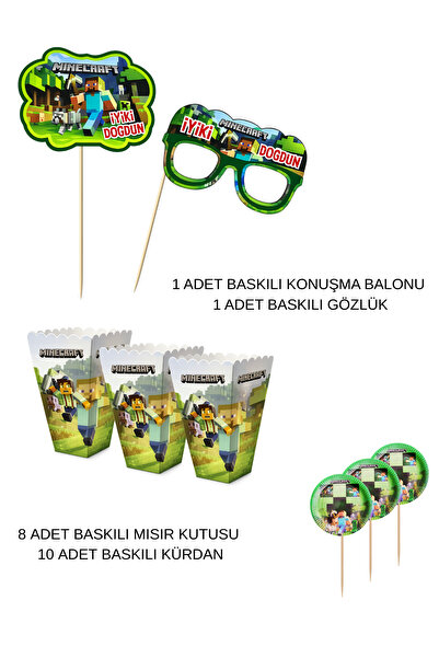HAPPYLOOPPARTY MinecrafT Konuşma Balonu & Gözlük Pasta Üstü Topper Seti Mısır...