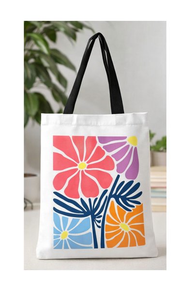 OEM Geanta Tote Bag Albă cu Imprimeu Floral Multicolor DTF