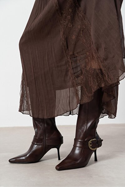 NİŞANTAŞI SHOES Lure Brown Matte Buckle Detailed Pointed Toe Thin Heeled Boots
