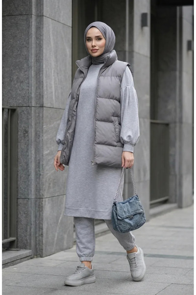 sefamerve Balon Sleeve Long Tunic 3031-15 Gray